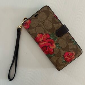 Coach Monogram Floral Leather Phone Case with Wallet and Wrist Strap
